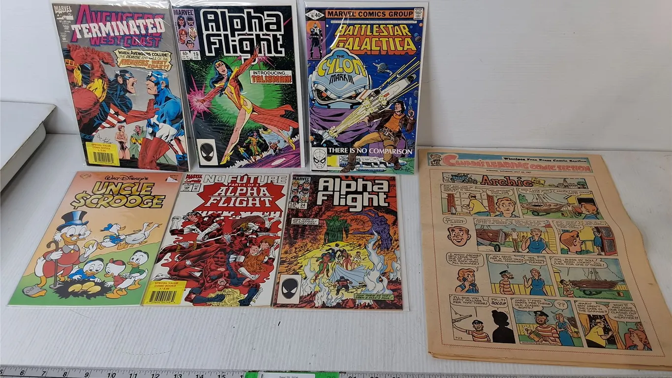 (6) Mostly Marvel Comics- Alpha Flight, Uncle Scrooge, Battlestar Galactica, Misc. & Winnipeg Free P