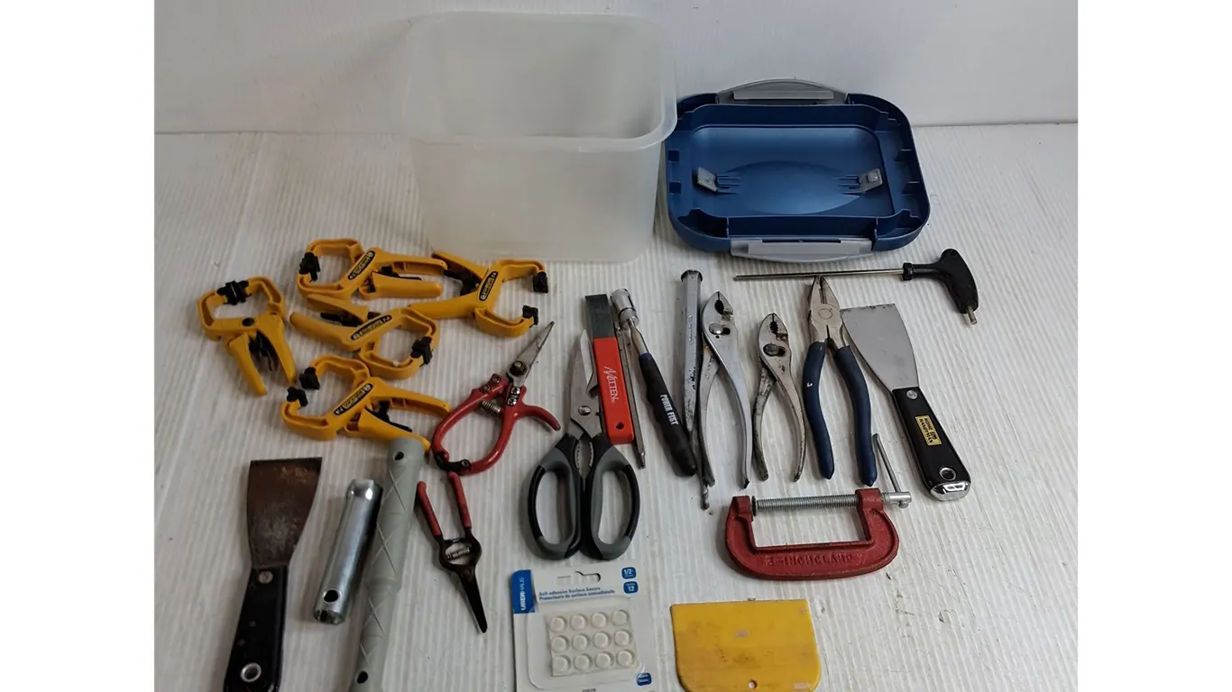 Assorted Hand Tools & Clamps, Sterilite Storage Bin