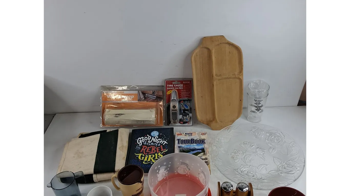 Glass Platter, Wooden Serving Tray, Tire Gauge, Salt & Pepper Shakers/Bottle/Wine Openers, Books