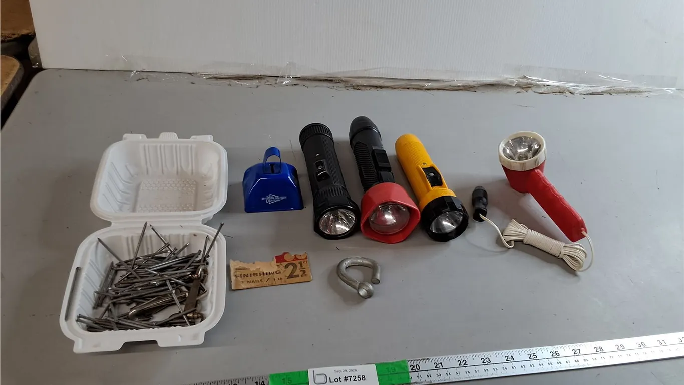 (4) Flashlights- As Is, 2.5" Finishing Nails, Dakota Dunes Bell