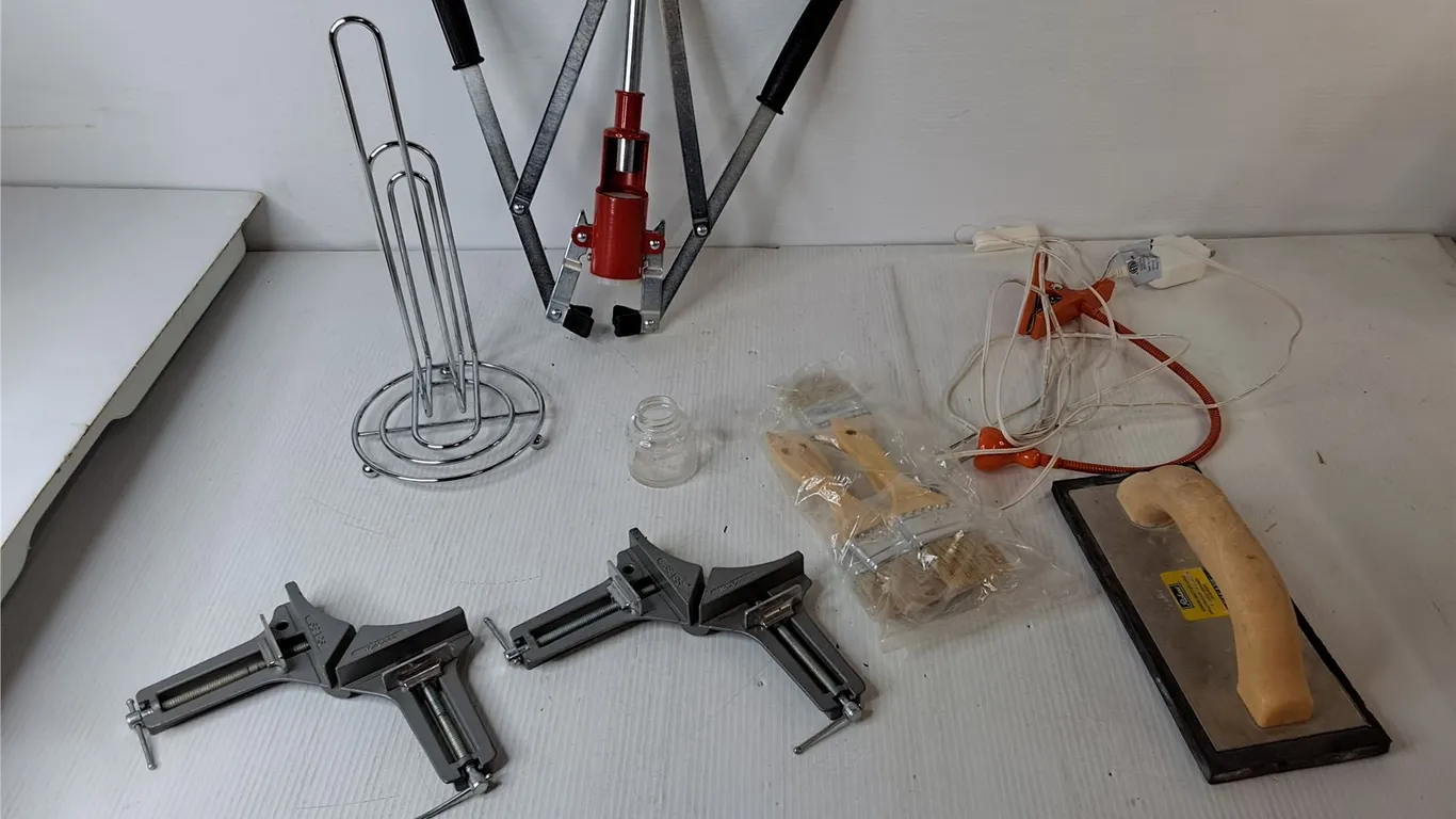 Wine Corker, Corner Clamps, Paint Brushes, Misc.