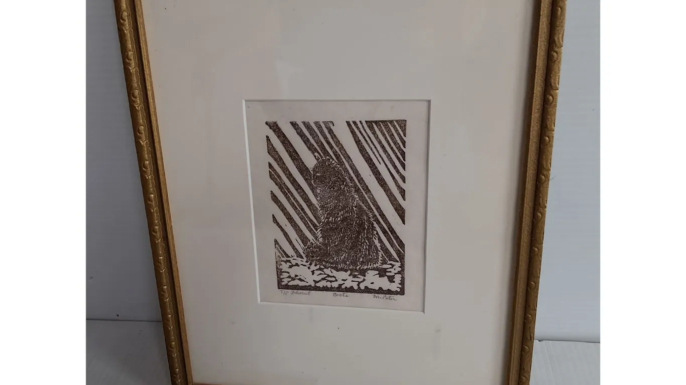 Framed Linocut Cat Art 11" x 9"