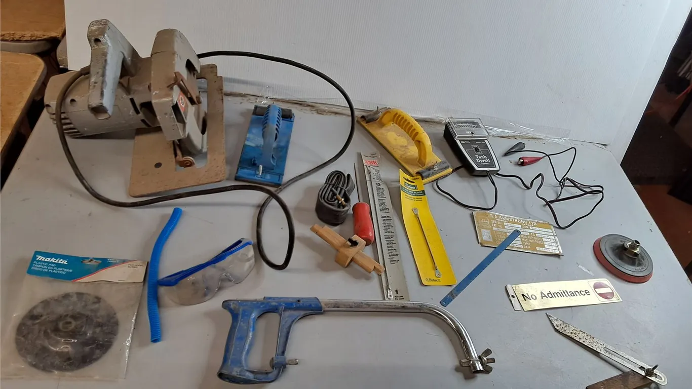 Tachometer/Dwell Angle Meter, Circular Saw- Powers On, Rod Saw Blades, Misc. Can't Ship