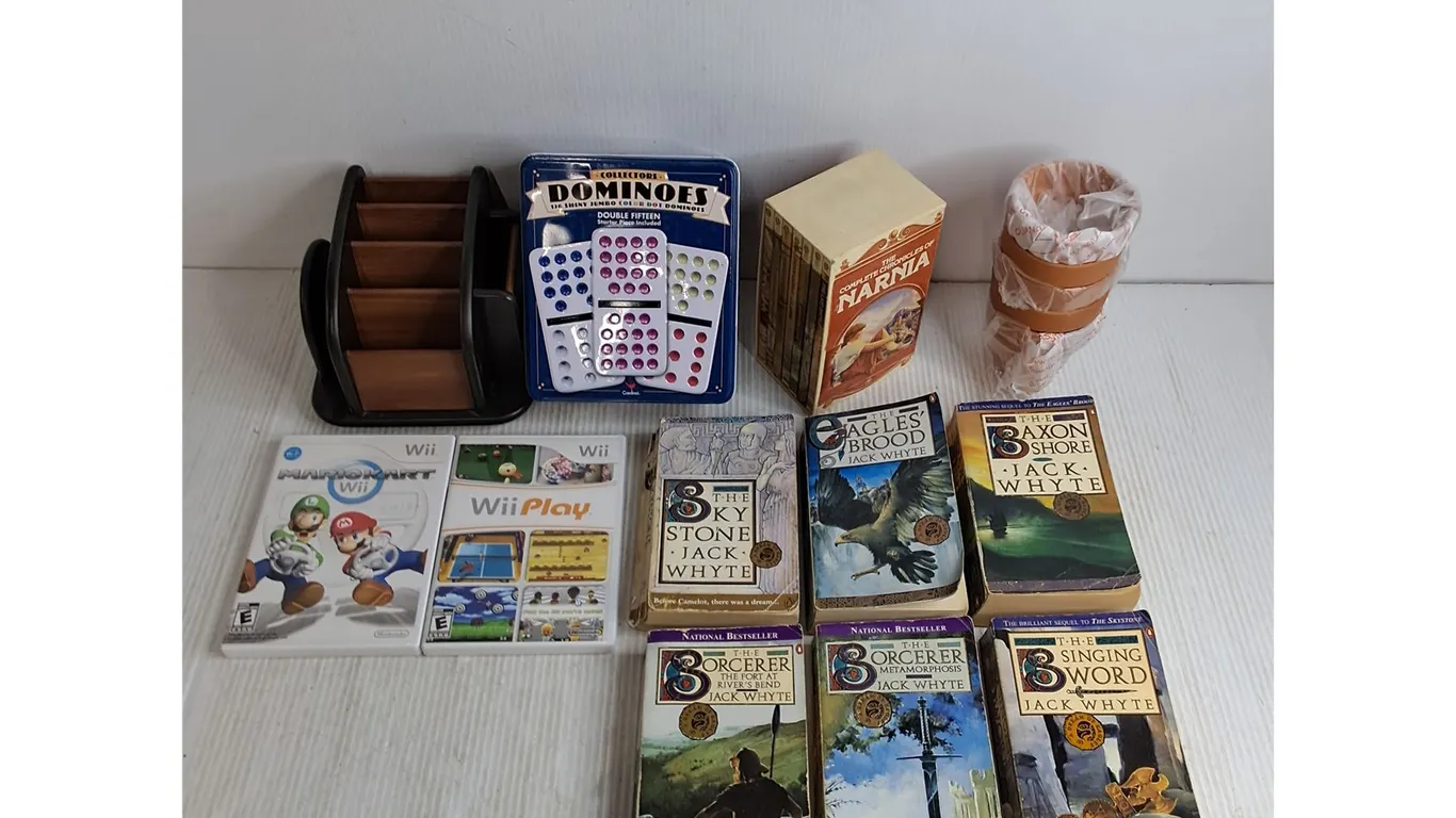 (2) Nintendo Wii Video Games, Dominos Game, Fantasy Story Books, Desk Caddy, Plant Pots