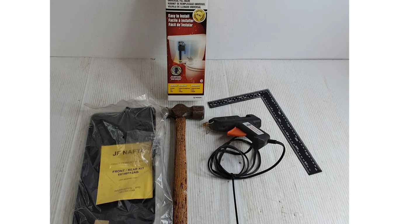 NIB Toilet Fill Valve, Glue Gun, Hammer, Square, NIB License Plate Bracket