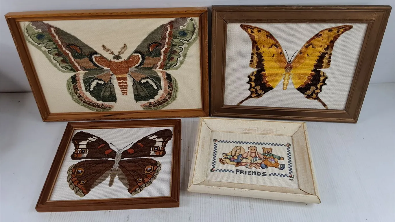 (4) Framed Embroidery Wall Art Decor