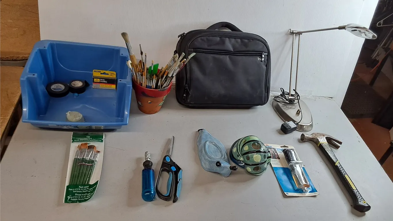 Adjustable Lamp- Powers On, Paintbrushes, 12.5" Hammer, Misc.