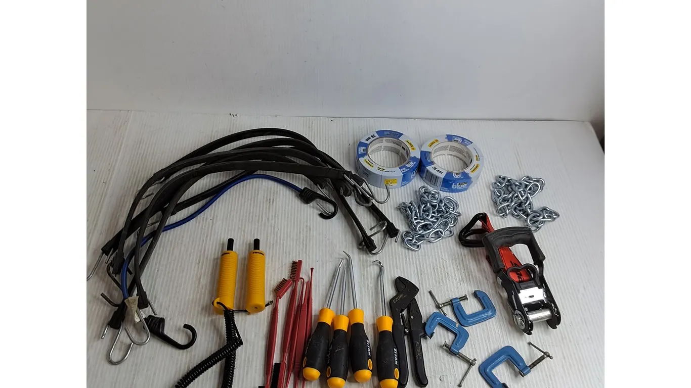 Assorted Hand Tools, Bungee Cords, Chains, New Tapes, Load Binder