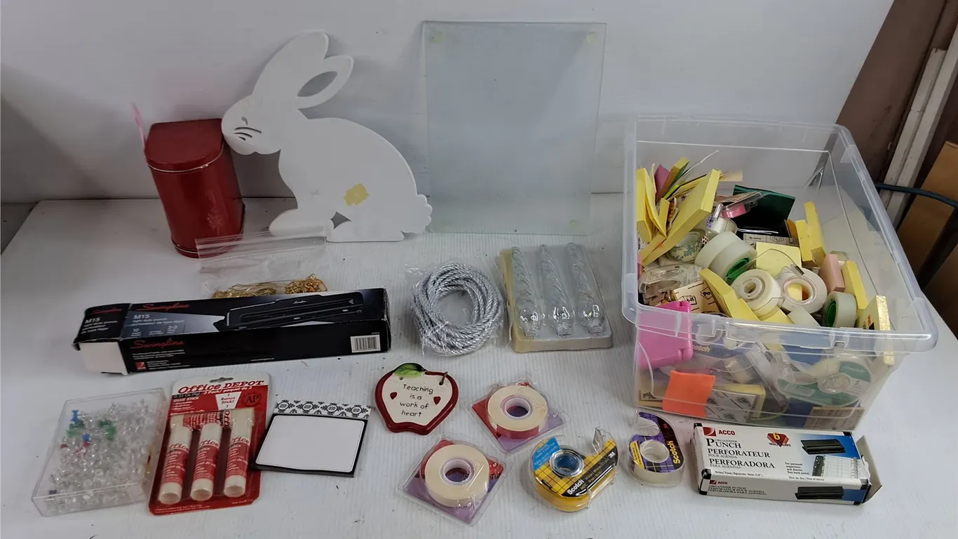 Assorted Paper Punches, Glue Sticks, Sticky Notes, Tapes, Tape Dispensers, Container, Misc