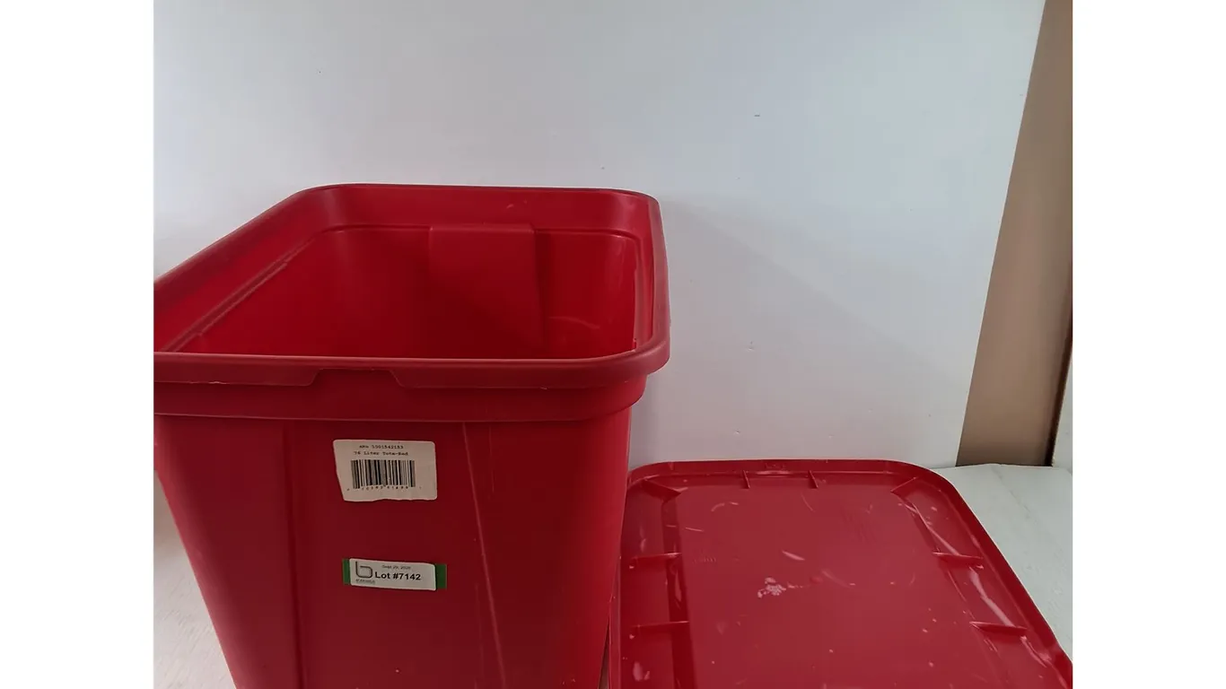76 Liter Red Tote Bin with Lid, Misc Bubble Wrap, Pickup Only