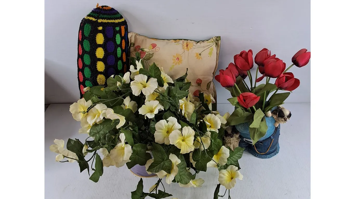 Pillows, Planters, Faux Flowers