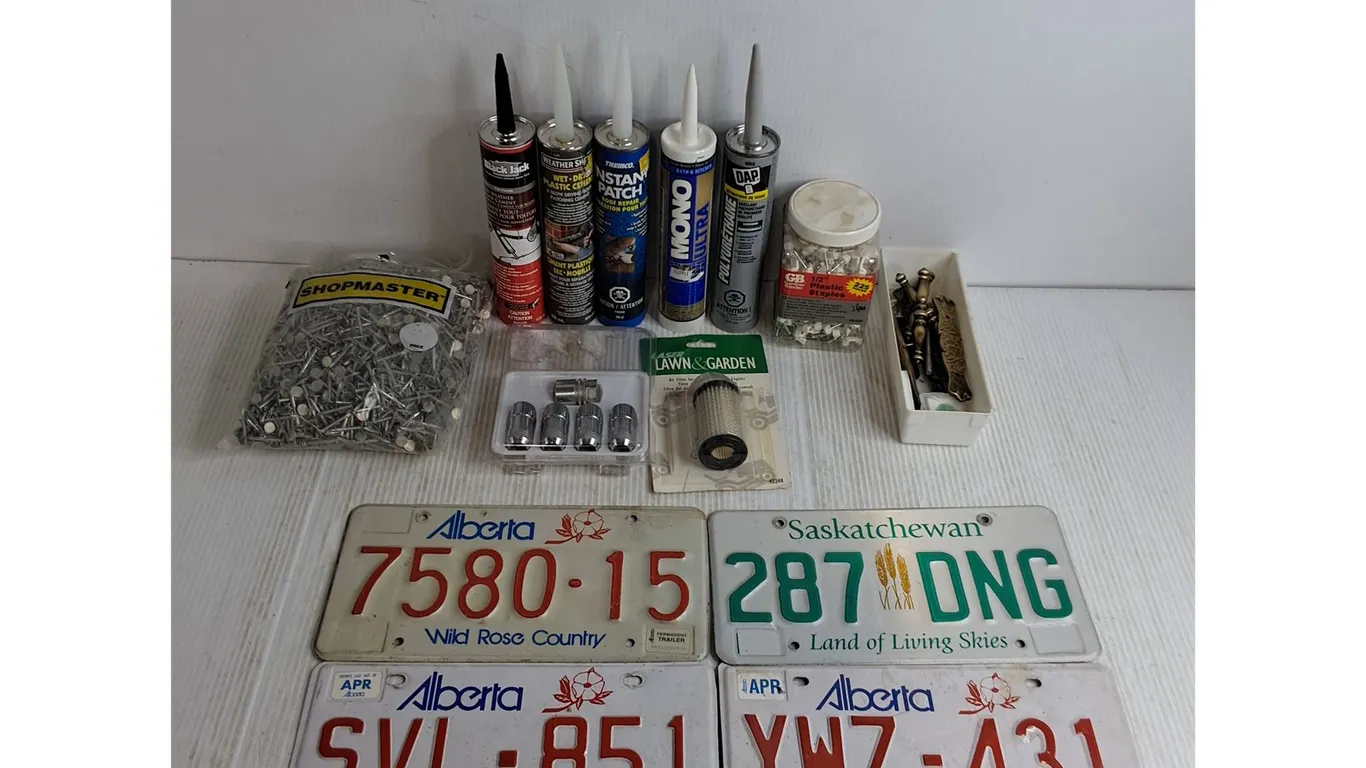 Sealed Caulking, Roofing Nails, Lug Nuts, Lawn Mower Filter, Door Pulls, Sask/Alberta Plates