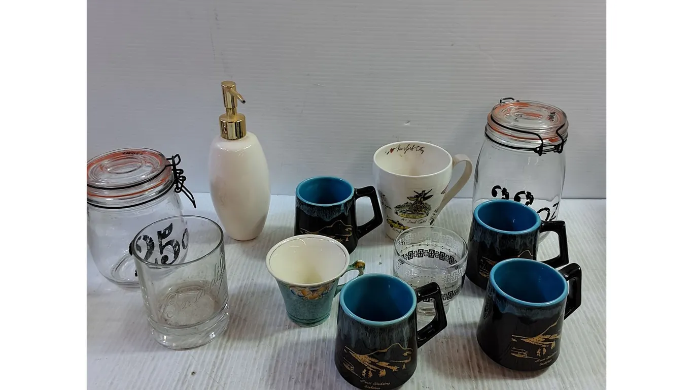 Assorted Mugs, Glasses, Jars, Soap Dispenser