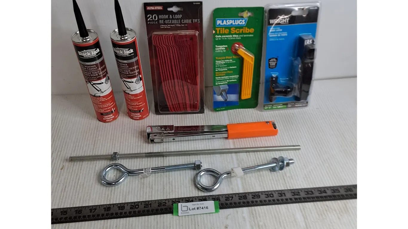 New Assorted Items - Roof Cement, Cable Ties, Tile Scribe, Door Latch, Stapler, Eyelet Bolts, Misc.