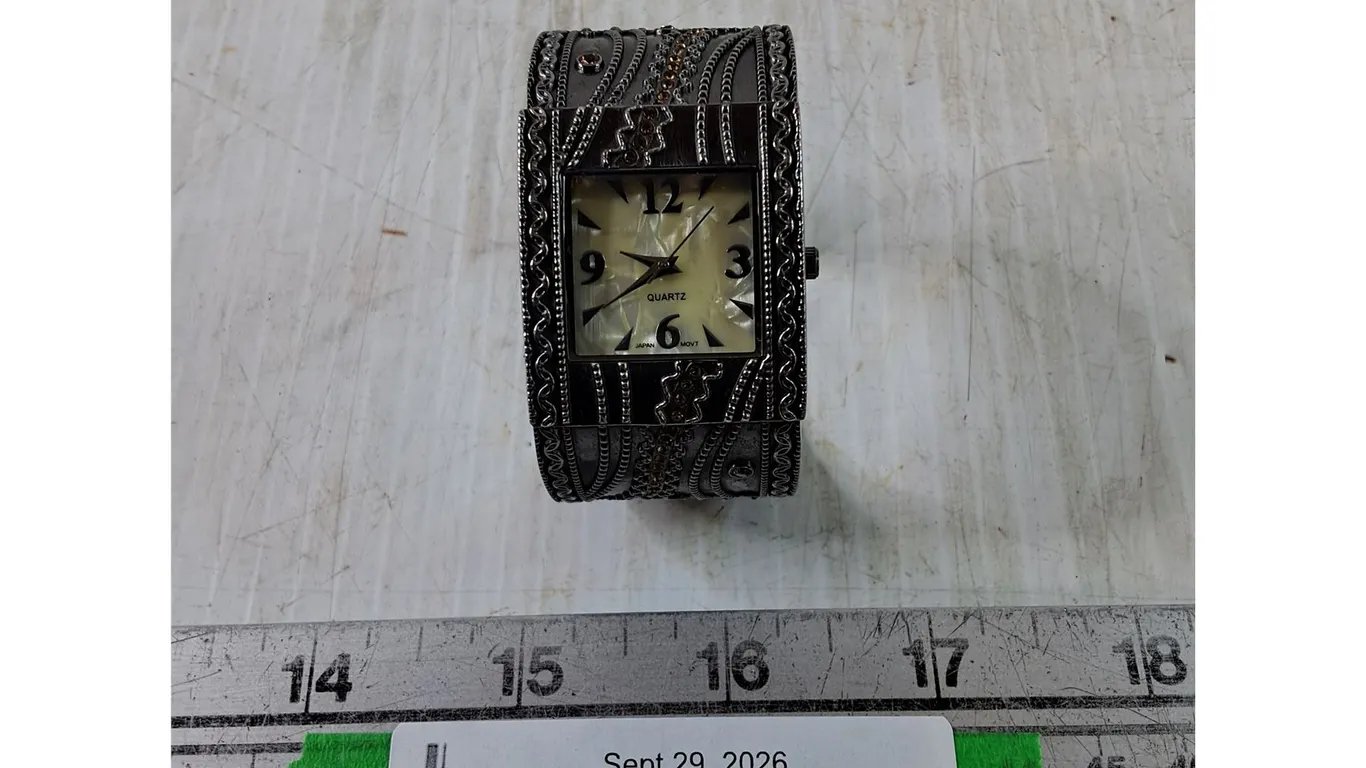 Square Faced Quartz Bangle Watch, Dark Metal with Pink Highlights, Works