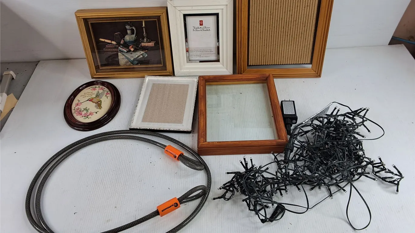 Assorted Picture Frames, Embroidery Wall Art, Christmas Tree Lights - Powers On, As Is, Misc