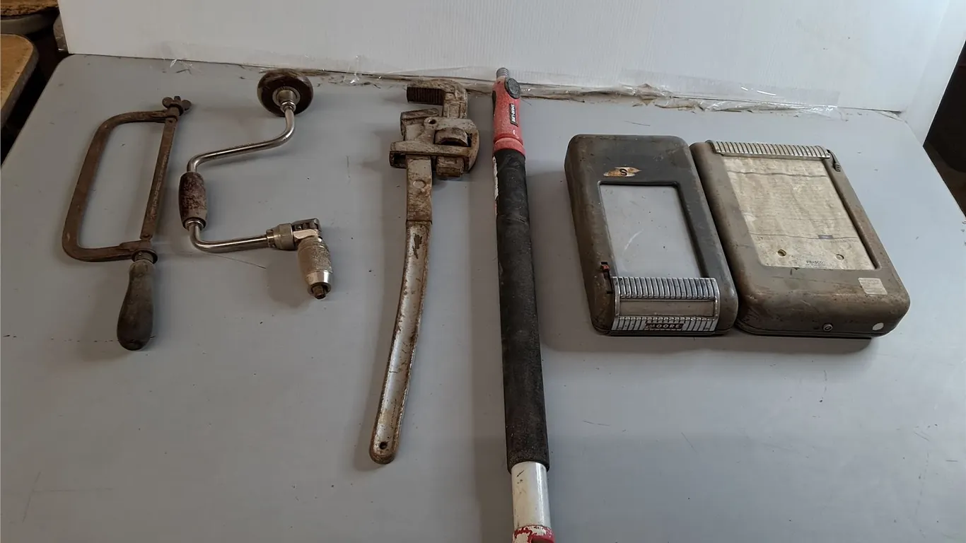 Pipe Wrench, Carpenter's Bit Brace, Vintage Invoice Machines, Misc. Can't Ship