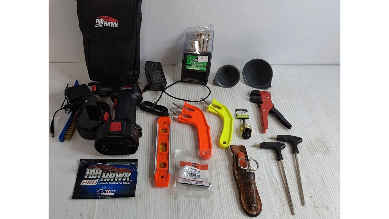 Air Hawk Roadside Tire Inflator, Drill Bit Set, Level, Funnels, Misc. Tools