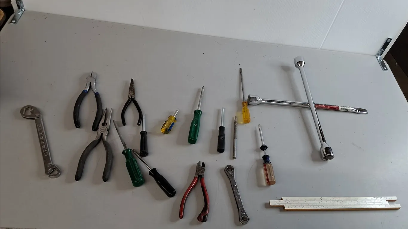 14" Lug Wrench, Pliers, Screwdrivers, Misc.