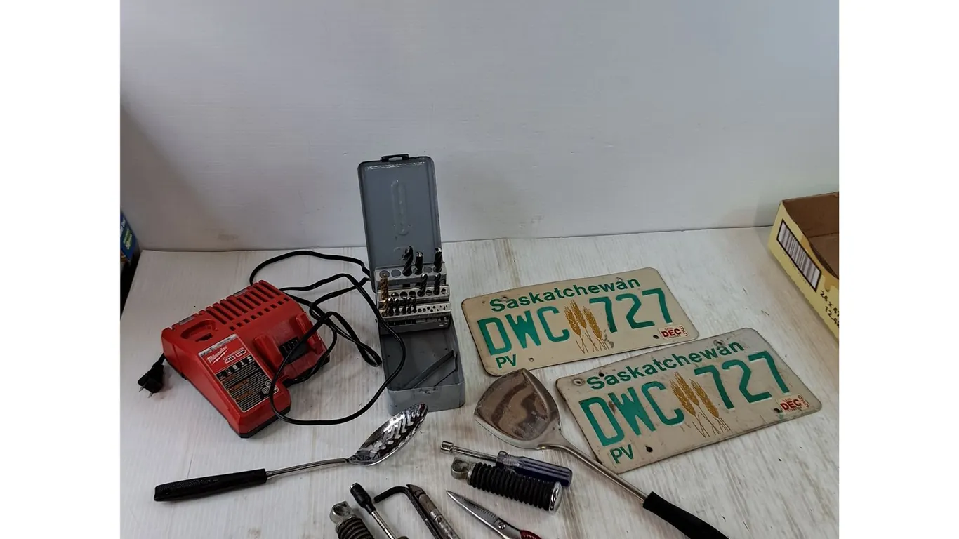 Milwaukee Battery Charger As-Is, Shears, Assorted Drill Bits, License Plates, Slotted Spoon, Misc