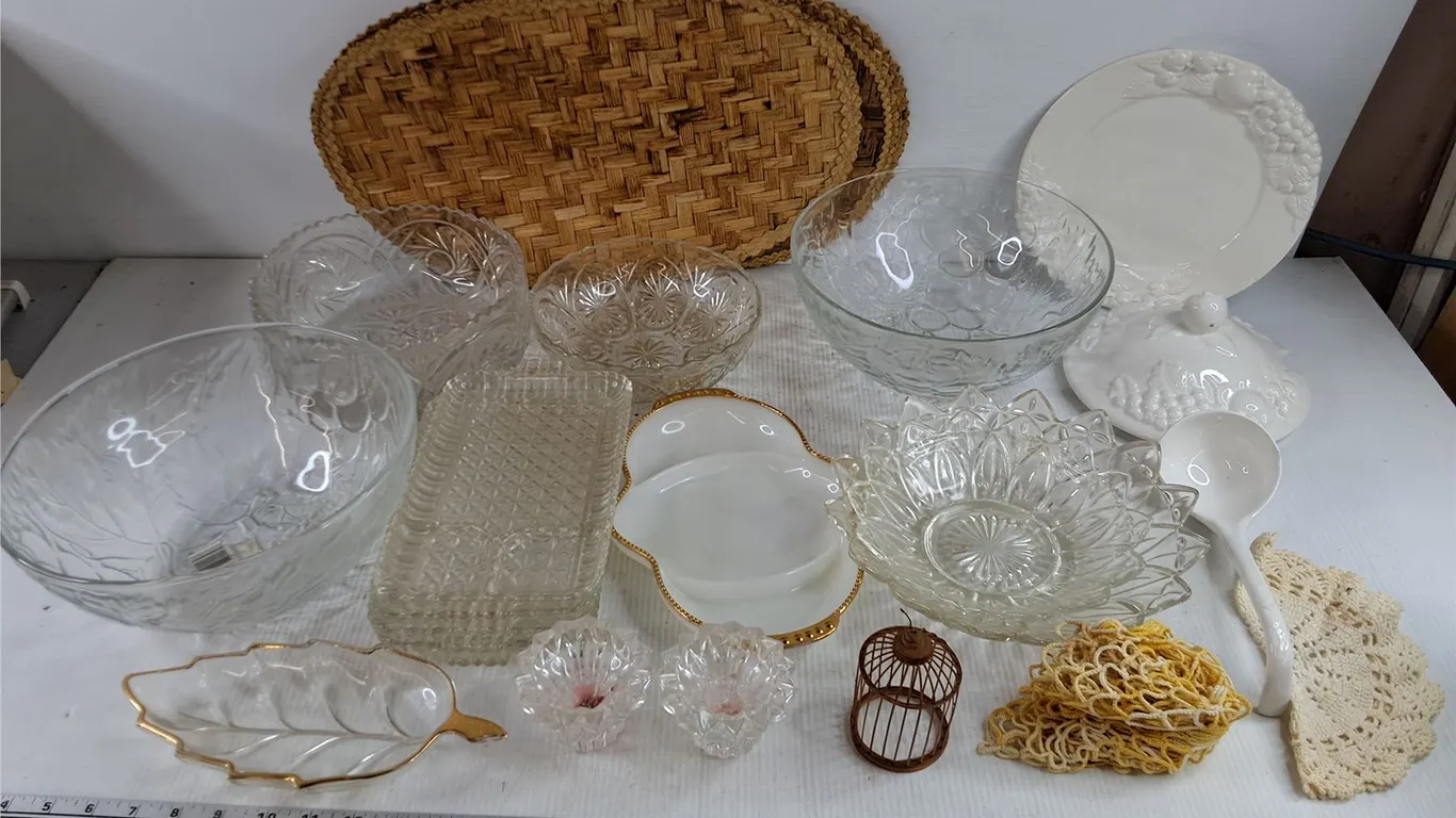 Glass Bowls, Wicker Mats, Ceramic Ladle, Candle Stick Holders, Divided Trays, Misc
