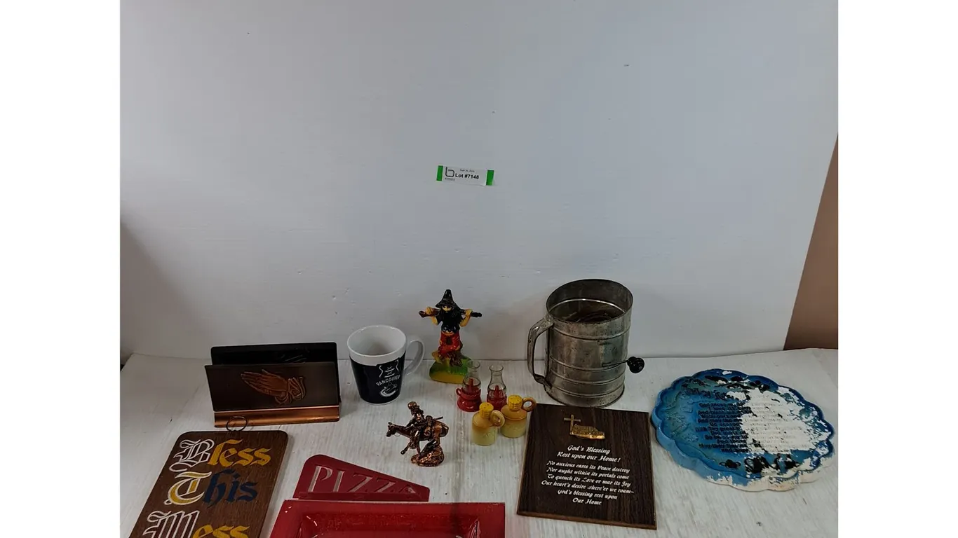 Christian Napkin Holder, Wall Decorations, Hallmark Figure As-Is, Vancouver Canuck Cup, Metal Sifter