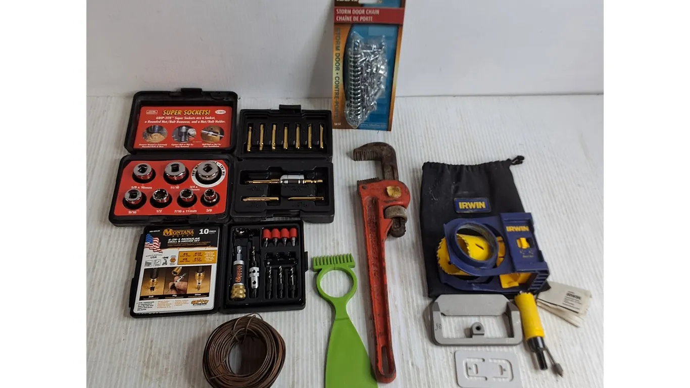 Super Socket Set, Driver Set, Specialty Bit Set, Storm Door Chain, Pipe Wrench, Circular Saw Bit Set