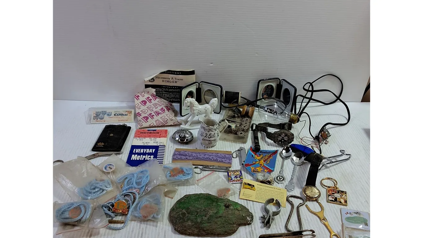 Assorted Trinkets, Saskatoon Ex Souvenirs, Pins, Watches, Spools, Etc