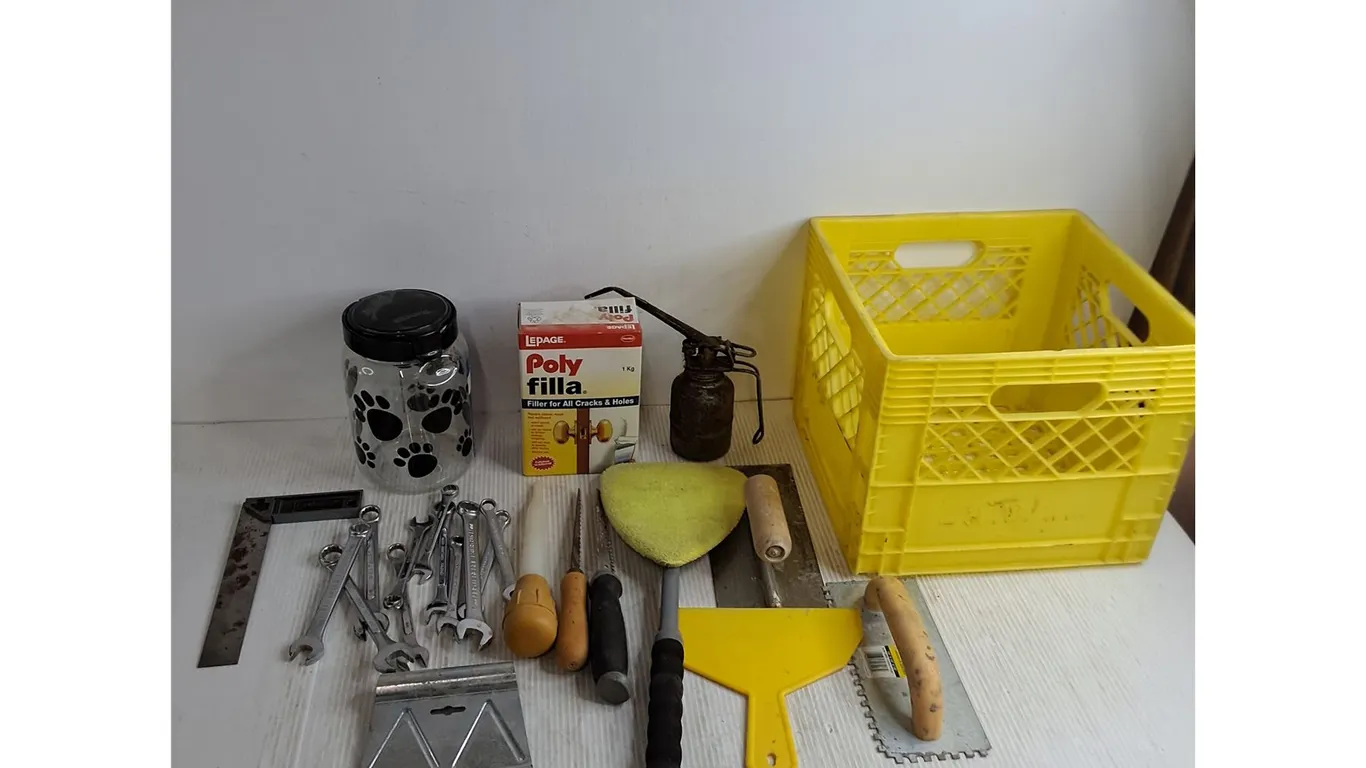 Trowels, Wrenches, Square, Poly Filla, Oil Can, Roofing Saws, Milk Crate, Misc.