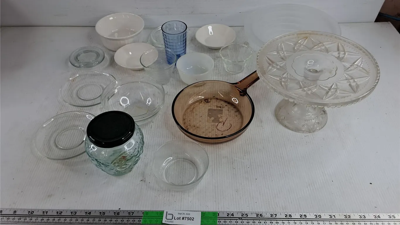 Footed Cake Stand, Glass Dishes, Glass Skillet, Jar, Misc