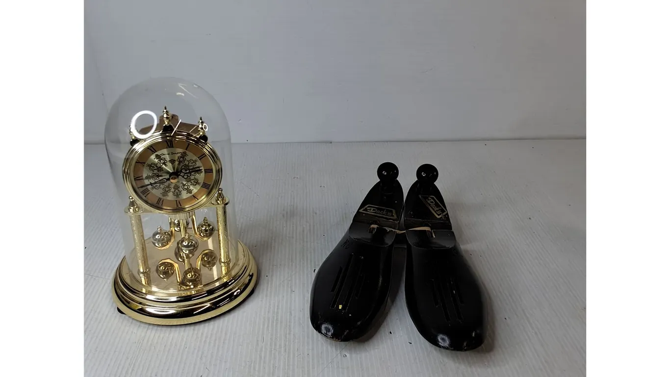 Vintage Gold-Tone Quartz Anniversary Clock, Vintage Wooden Shoe Trees