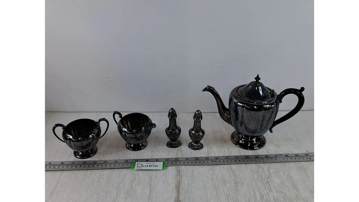 Tea Set, Pot, Sugar Cup, Cream Pitcher, Spice and Vinegar Shakers, Marlboro Electro-Plated Copper