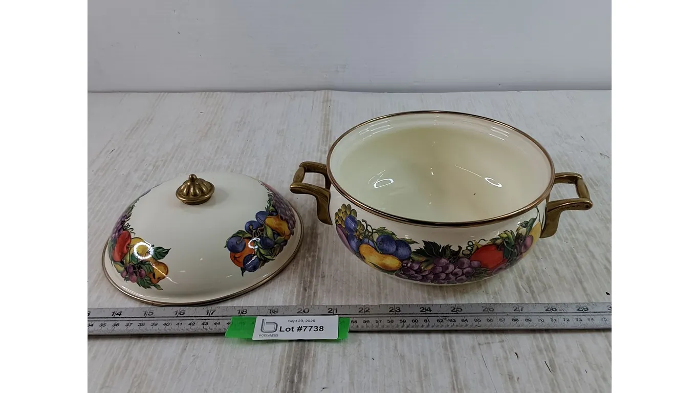 Metal Serving Pot and Matching Lid with Fruit Decorative Print