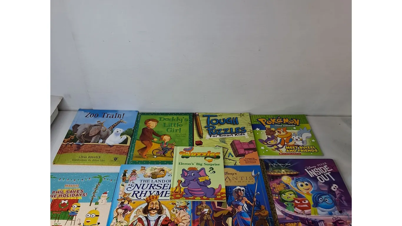 (9) Kids Books; Inside Out, Tough Puzzles, Zoo Trains, Phil Saves Holidays, Misc