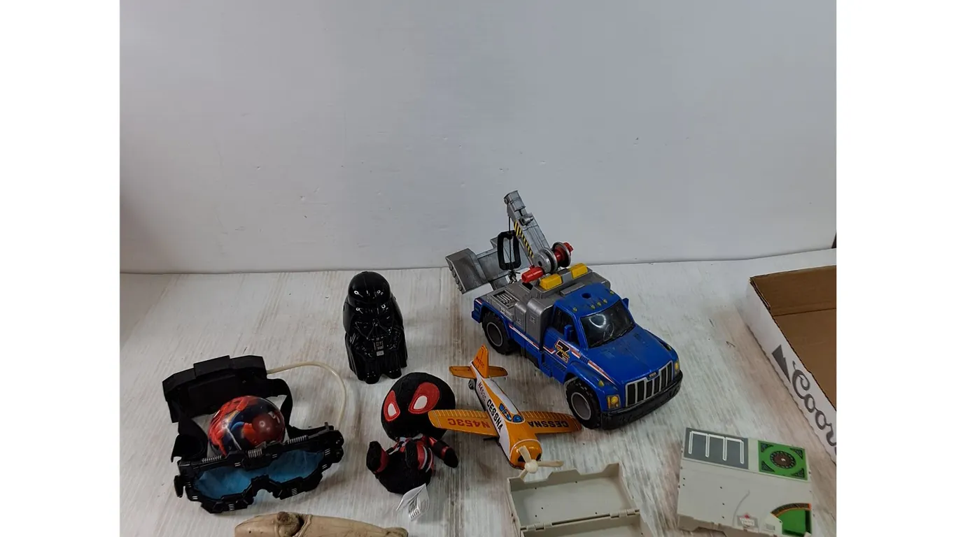 Toy Metal Plane, Rubber Car Body, Goggles, Spiderman Ball & Toy, Darth Vader Flashlight As-Is, Misc