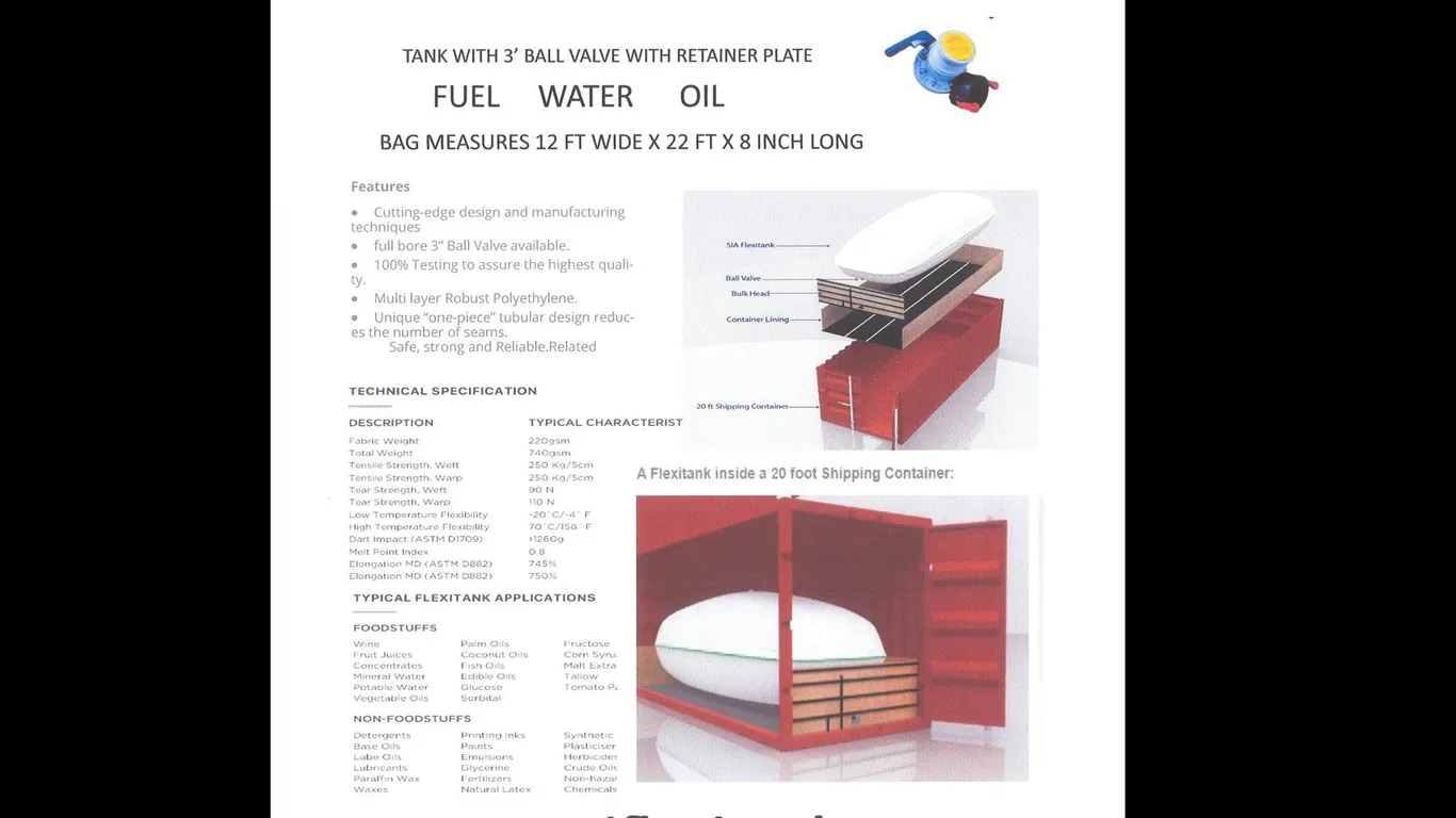 (1) SAI FLEXIBLE CONTAINER TANK W/ 3" BALL VALVE W/ RETAINER PLATE, BAG MEASURES 12FT X 22FT X 8IN LONG