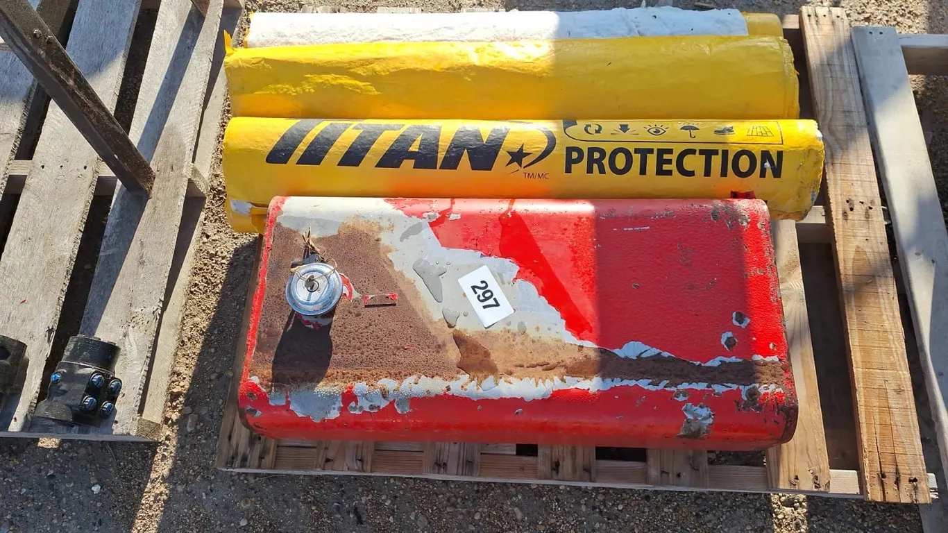 Steel red fuel tank with, 4 Titan floor protection mats. 50"x3"