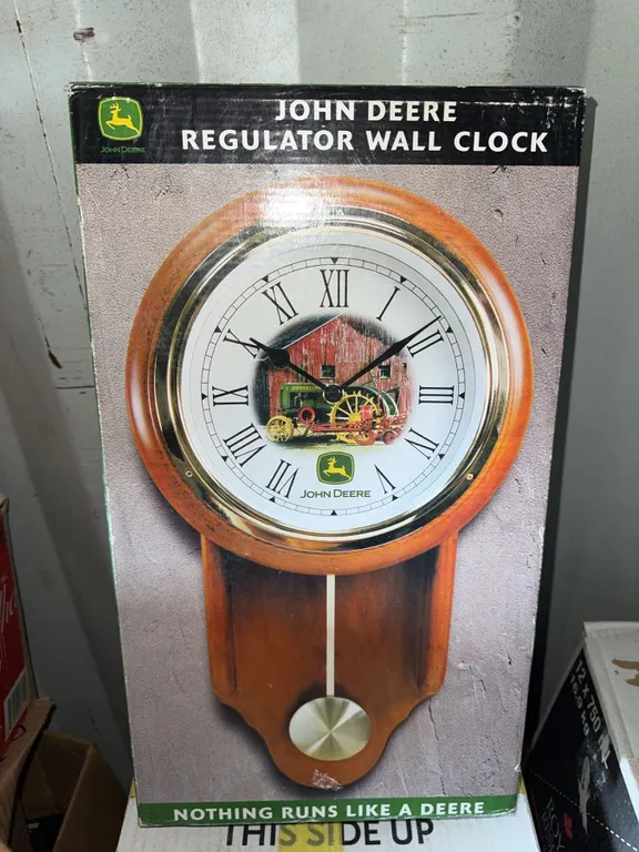 John Deere Regulator Wall Clock with Tractor Image, Boxed