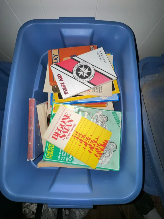 Bin of Mixed Paperback and Softcover Books Including Reference and Card Games