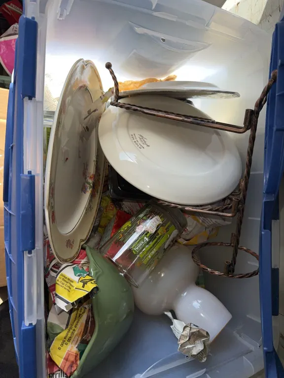 China Plates, Bowls, Glass and Iron Stand Lot