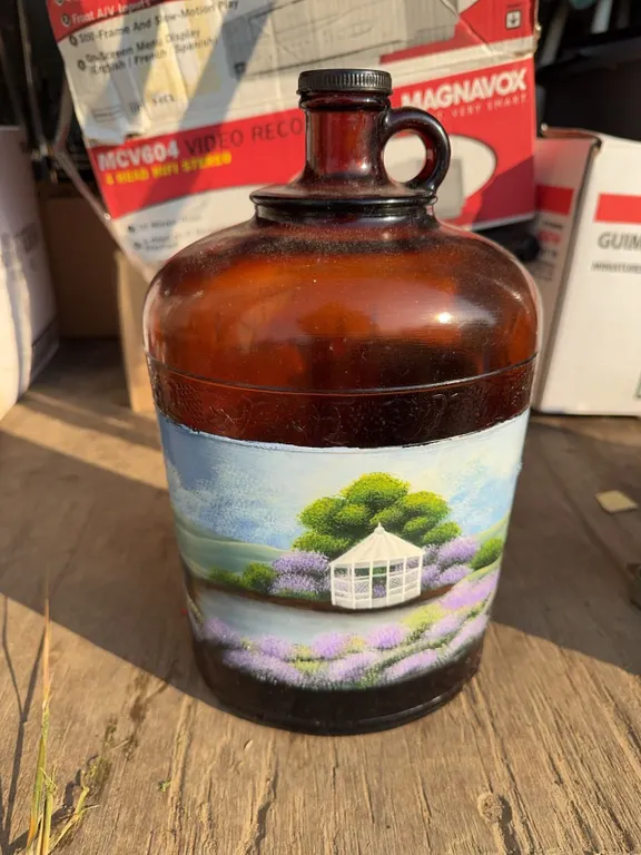 Amber Glass Jug With Hand-Painted Garden Scene