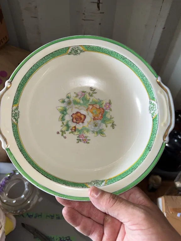 Noritake Hand Painted Floral Porcelain Bowl with Green Border