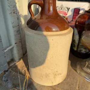 Stoneware Jug with Brown Glazed Top and Handle