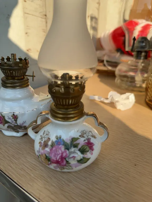 Porcelain Floral Miniature Oil Lamps with Brass Fittings