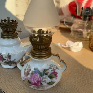 Porcelain Floral Miniature Oil Lamps with Brass Fittings