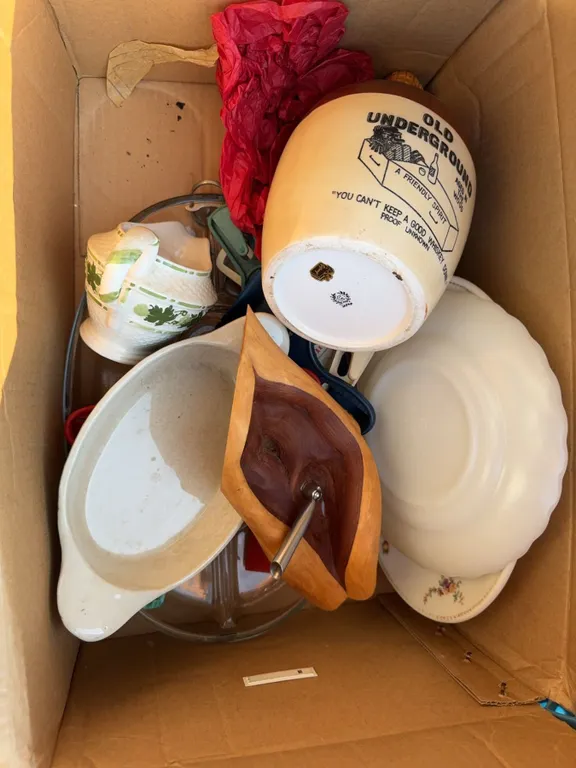 Kitchenware Lot With Old Underground Whiskey Jug and Fire-King Dish