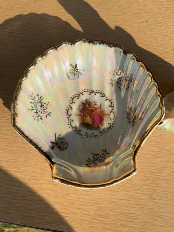 Porcelain Shell Dish and Woman Figurine With Gold Accents