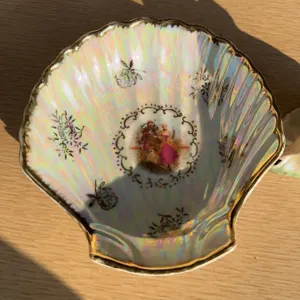 Porcelain Shell Dish and Woman Figurine With Gold Accents