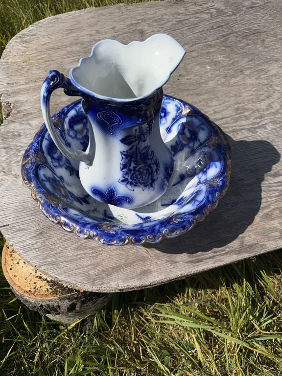 English Flow Blue Ironstone Pitcher and Wash Basin Set