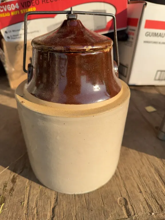 Stoneware Crock with Brown Glazed Lid and Metal Handle